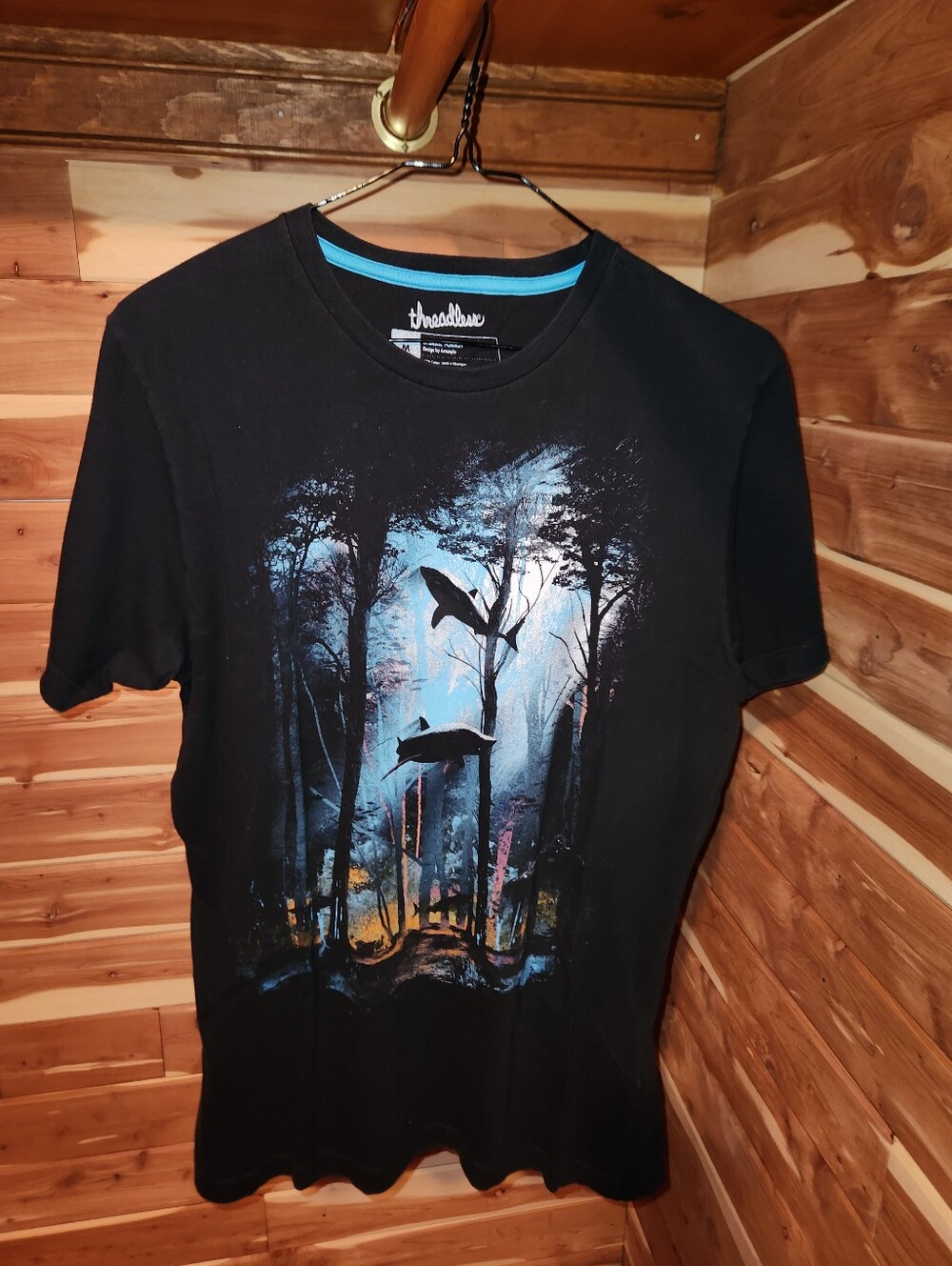 Threadless Black Tee with Blue and Yellow Shark Forest Graphic